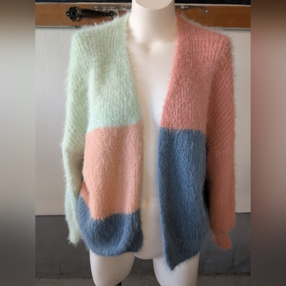Dreamers Cardigan Open Front Sluchy Colorblock Blue, Green Fuzzy  Sweater Sz S